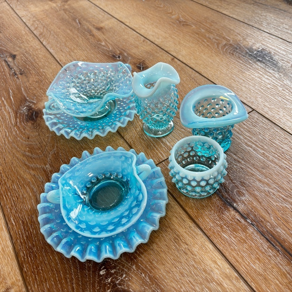 VTG Fenton Blue Opalescent Hobnail 7 pc lot Trinket Candy Dishes Votive Bud Vase - Picture 14 of 16